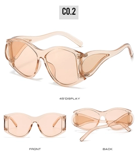 Drei-Ansichten-Display der ovalen Punk-Sonnenbrille mit Front-, Rück- und 45-Grad-Details