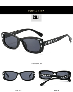 Detailed views of retro oval sunglasses featuring sparkling rhinestones on black frames