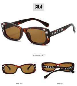 Detailed views of tortoise shell oval sunglasses with sparkling rhinestones and brown lenses