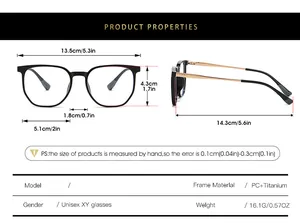 Size chart for irregular TR90 titanium glasses frame with detailed dimensions and weight