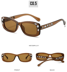 Detailed multi-angle view of brown oval sunglasses featuring crystal rhinestone embellishments