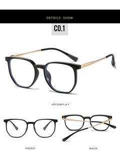 Detailed views of TR90 irregular eyeglasses frame with black rims and rose gold metal temples