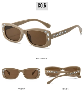 Detail view of oval rhinestone sunglasses in nude beige with 45-degree angle shots