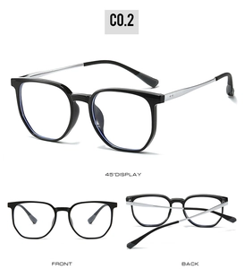 Detailed views of TR90 polygon glasses frame with silver metal temples and black rim