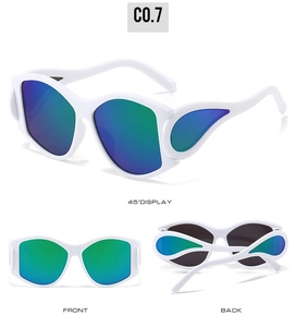 Multi-Winkel-Ansicht der weißen ovalen Punk-Sonnenbrille mit lila Verlaufsgläsern