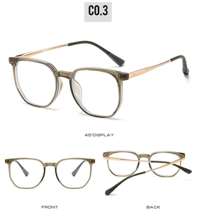 Detailed views of irregular TR90 polygon glasses frame in tea color with metal temples