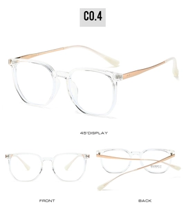 Detail of TR90 irregular polygonal frames with titanium IP rose gold metal temples