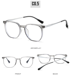 Three-view display of ultra-light gray transparent TR90 titanium polygon glasses frame