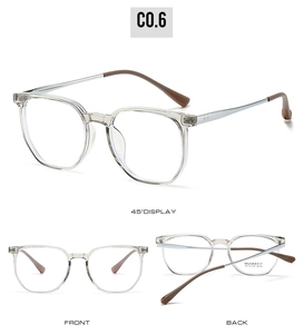 Three-view display of transparent grey TR90 eyewear with titanium temples and brown tips