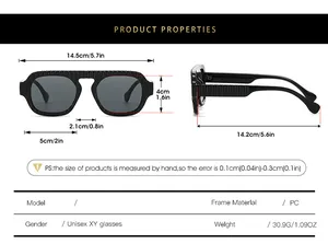 Detailed size chart for vintage pilot sunglasses with PC frame measurements in cm and inches