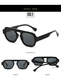 Detailed views of black pilot sunglasses with vertical ribbed texture and dark grey lenses