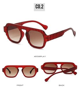 Detailed views of red aviator sunglasses with unique vertical stripe texture and gradient lenses
