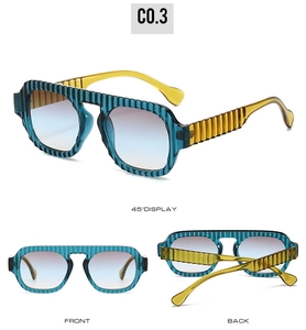 Three-angle display of blue striped aviator sunglasses with yellow temples and gradient lenses