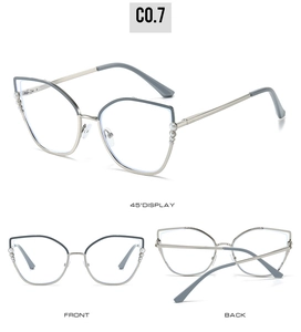 Monture de lunettes œil de chat en acier avec perles, trois angles de vue détaillés