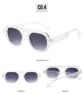 Three-view display of ribbed pilot sunglasses with grey gradient lenses and frame details