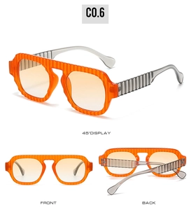 Three-angle display of orange pilot sunglasses with square frames and gradient lenses