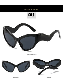 Vues détaillées de lunettes de soleil œil-de-chat noires avec des branches ondulées