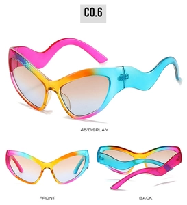 Affichage en trois vues des lunettes œil-de-chat arc-en-ciel montrant l'avant et l'arrière