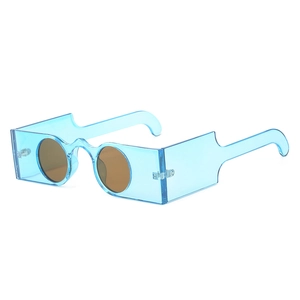 Futuristic light blue translucent square sunglasses with round brown lenses for unisex