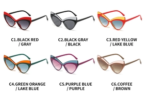 Matrix showing six variants of cat-eye sunglasses with bold color-blocking frames