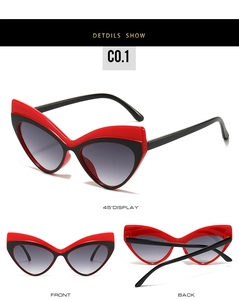 Three-angle views of cat eye sunglasses with red and black frame and gradient lenses