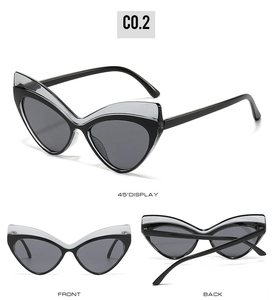 Three views of cat-eye sunglasses featuring black and gray contrast拼接 frames and temples