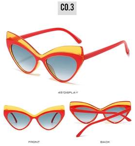 Three views of cat-eye sunglasses featuring red frames and yellow decorative accents
