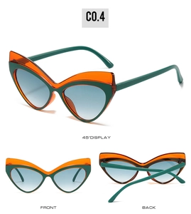 Three-view display of cat-eye sunglasses in bold bicolor green and amber orange frames