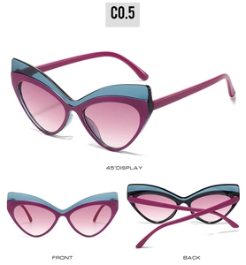 Three-view layout of color-blocked cat eye sunglasses with purple frames and pink lenses