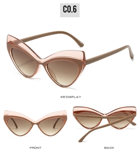 Three perspectives of cat eye sunglasses showing pink and brown color block frame details