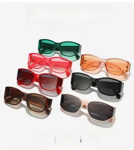 Collection of seven rectangular retro sunglasses in various colors on white background
