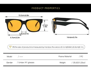 Size chart showing dimensions for square PC sunglasses including frame width and lens height