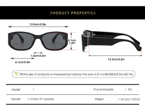 Detailed size guide for square frame sunglasses with precise measurements in cm and inches