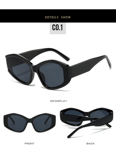Detailansichten der Retro-Cat-Eye-Sonnenbrille mit dickem schwarzem Rahmen und AC-Gläsern
