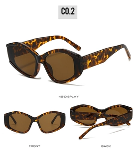 Drei-Ansichten-Display der Retro-Katzenaugen-Sonnenbrille mit Leopardenmuster und braunen Gläsern