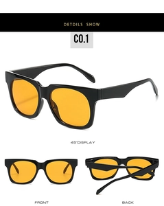 Detailed views of square black frame sunglasses with vibrant orange tinted lenses