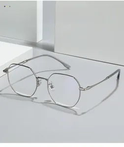 Detail view of gunmetal polygonal metal glasses frame with adjustable nose pads