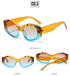 Mehrere Ansichten der Retro-Cat-Eye-Sonnenbrille mit orangefarbenem Rahmen und Blauverlauf