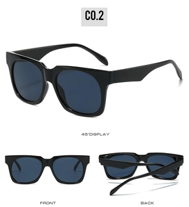 Three-view display of black square sunglasses showing 45-degree angle, front and back
