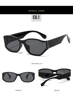 Three-view perspective of black square oversized sunglasses showing front and 45-degree angle