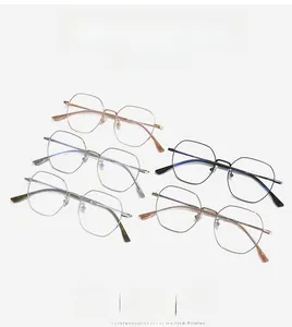 Detailed view of five multi-colored ultralight titanium polygonal metal spectacle frames