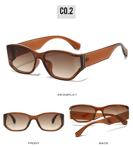 Detail view of square amber sunglasses with metal hinges and gradient lenses from 3 angles