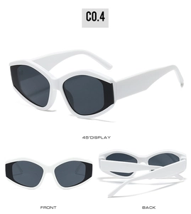 Drei-Ansichten-Display der weißen geometrischen Cat-Eye-Sonnenbrille mit dicken Bügeln