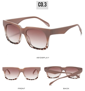 Three-way view of square sunglasses with brown gradient lenses and tortoiseshell frame