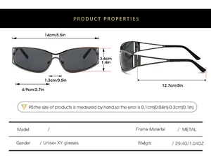 Detailed size chart for Y2K hollow metal frame sunglasses with 14cm total width