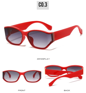 Three perspectives of red square sunglasses with gradient lenses and gold hinge accents
