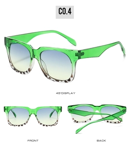 Three views of square sunglasses with green frame and blue yellow gradient lenses