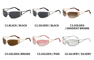 Six colors of Y2K metallic wrap sunglasses including black, silver, and gold frames