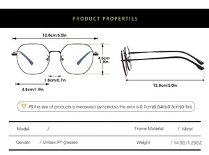 Size chart with technical dimensions for lightweight titanium alloy glasses frames
