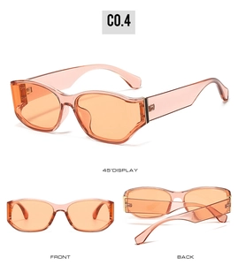 Three-view display of orange pink square sunglasses with 45-degree, front and back angles